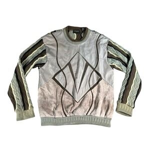 Saxony Collection Leather Suede Knit‎ Sweater Mens 2XLT Gray Brown Patchwork 90s